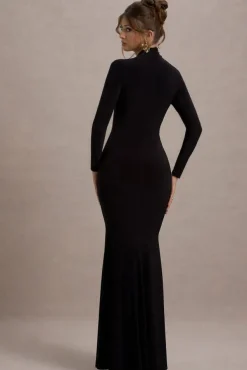 Tova | Black High-Neck Long-Sleeve Fishtail Maxi Dress