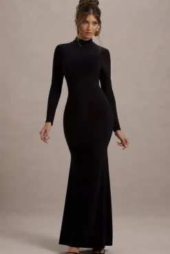 Tova | Black High-Neck Long-Sleeve Fishtail Maxi Dress
