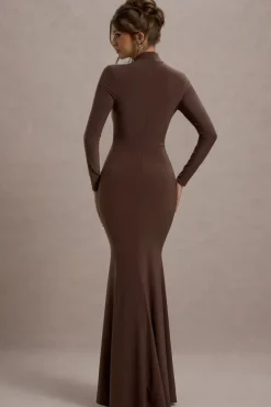 Tova | Chocolate High-Neck Long-Sleeve Fishtail Maxi Dress