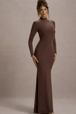 Tova | Chocolate High-Neck Long-Sleeve Fishtail Maxi Dress