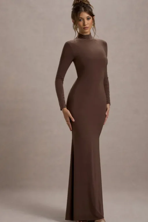 Tova | Chocolate High-Neck Long-Sleeve Fishtail Maxi Dress