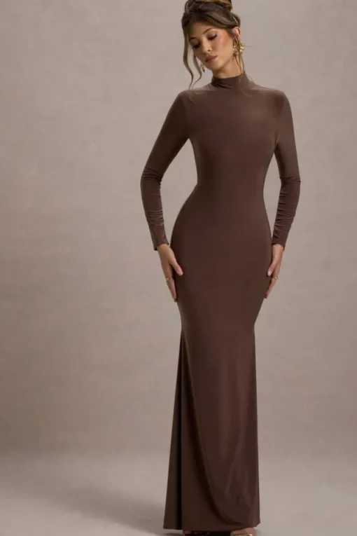 Tova | Chocolate High-Neck Long-Sleeve Fishtail Maxi Dress
