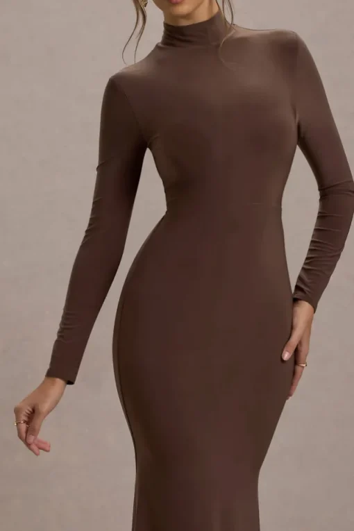 Tova | Chocolate High-Neck Long-Sleeve Fishtail Maxi Dress