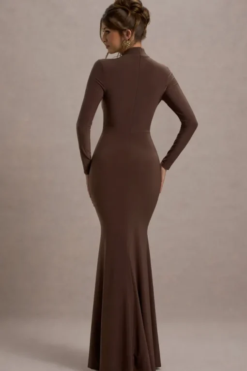 Tova | Chocolate High-Neck Long-Sleeve Fishtail Maxi Dress