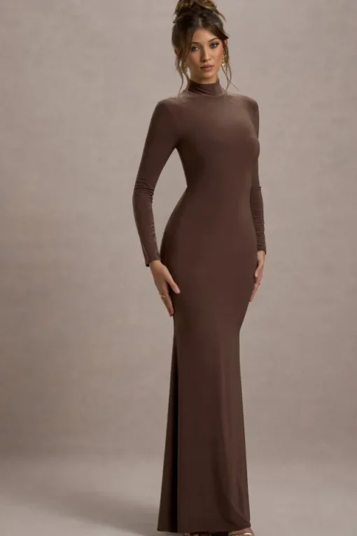 Tova | Chocolate High-Neck Long-Sleeve Fishtail Maxi Dress