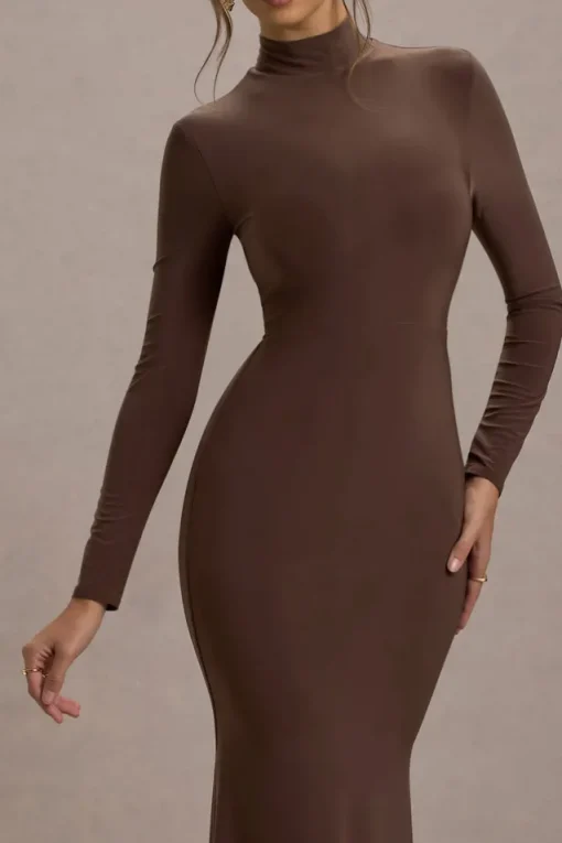 Tova | Chocolate High-Neck Long-Sleeve Fishtail Maxi Dress