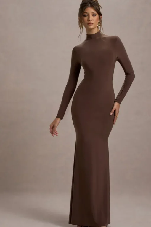 Tova | Chocolate High-Neck Long-Sleeve Fishtail Maxi Dress