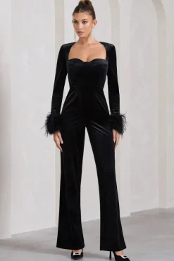 Trailblazer | Black Velvet Long-Sleeved Jumpsuit With Feather Cuffs