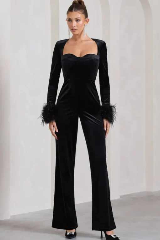 Trailblazer | Black Velvet Long-Sleeved Jumpsuit With Feather Cuffs