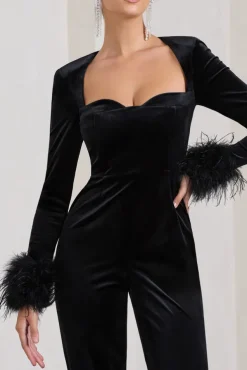 Trailblazer | Black Velvet Long-Sleeved Jumpsuit With Feather Cuffs