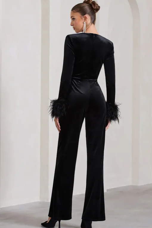 Trailblazer | Black Velvet Long-Sleeved Jumpsuit With Feather Cuffs