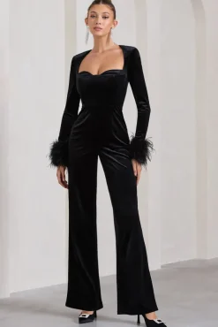 Trailblazer | Black Velvet Long-Sleeved Jumpsuit With Feather Cuffs