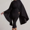 Tranquility | Black Gathered Midi Dress With Cape