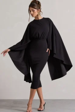 Tranquility | Black Gathered Midi Dress With Cape