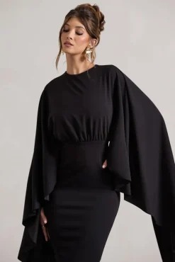 Tranquility | Black Gathered Midi Dress With Cape