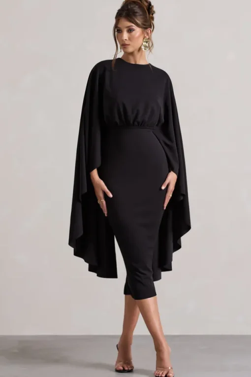 Tranquility | Black Gathered Midi Dress With Cape