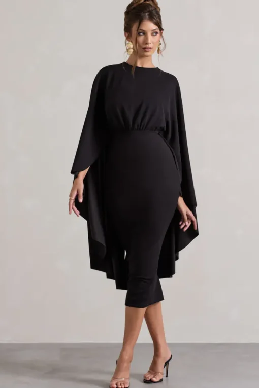 Tranquility | Black Gathered Midi Dress With Cape