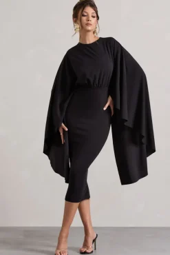 Tranquility | Black Gathered Midi Dress With Cape