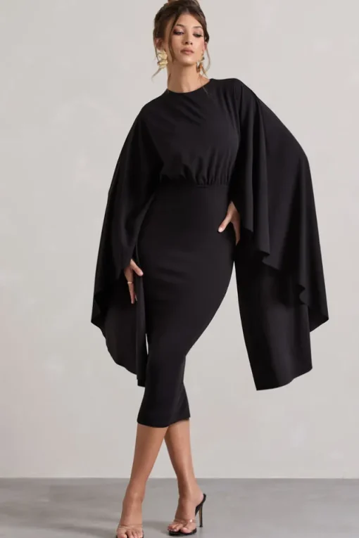 Tranquility | Black Gathered Midi Dress With Cape