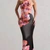 Tropicana | Pink Floral Satin Cross Over Halterneck Maxi Dress