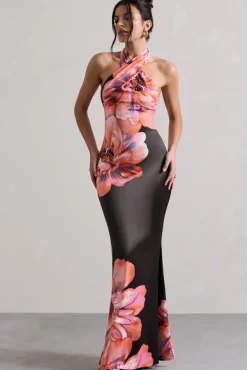 Tropicana | Pink Floral Satin Cross Over Halterneck Maxi Dress
