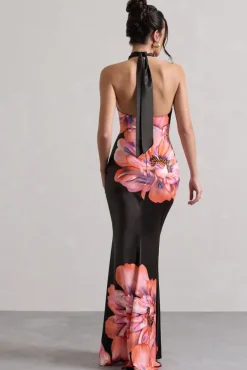 Tropicana | Pink Floral Satin Cross Over Halterneck Maxi Dress