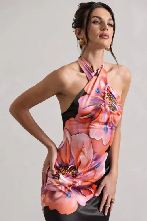 Tropicana | Pink Floral Satin Cross Over Halterneck Maxi Dress