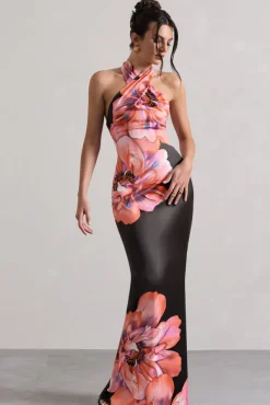 Tropicana | Pink Floral Satin Cross Over Halterneck Maxi Dress