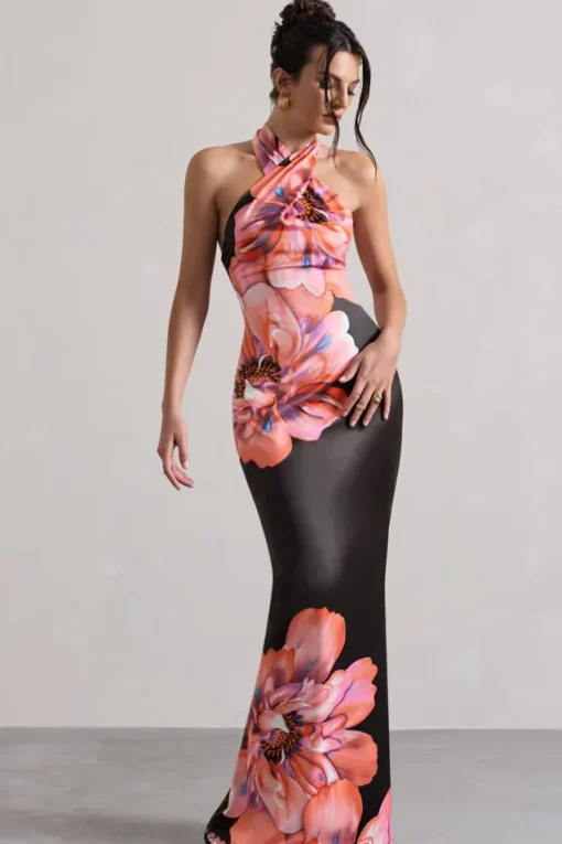 Tropicana | Pink Floral Satin Cross Over Halterneck Maxi Dress