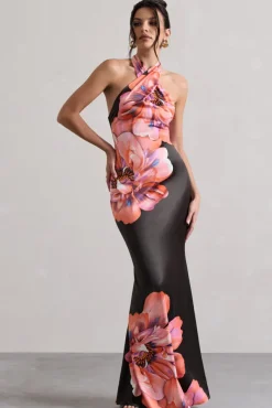 Tropicana | Pink Floral Satin Cross Over Halterneck Maxi Dress