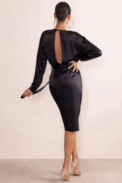 True Romance | Black Satin Plunge Neck Midi Dress With Belt Detail