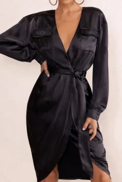 True Romance | Black Satin Plunge Neck Midi Dress With Belt Detail