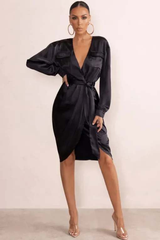 True Romance | Black Satin Plunge Neck Midi Dress With Belt Detail
