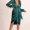 True Romance | Bottle Green Satin Plunge Neck Midi Dress With Belt Detail