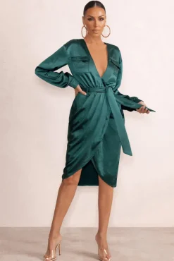 True Romance | Bottle Green Satin Plunge Neck Midi Dress With Belt Detail