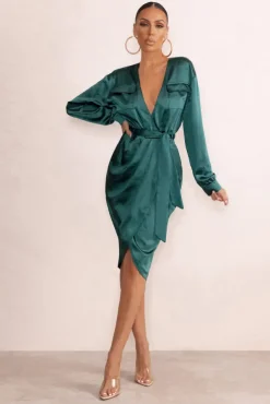 True Romance | Bottle Green Satin Plunge Neck Midi Dress With Belt Detail