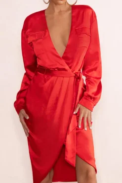 True Romance | Red Satin Plunge Neck Midi Dress With Belt Detail