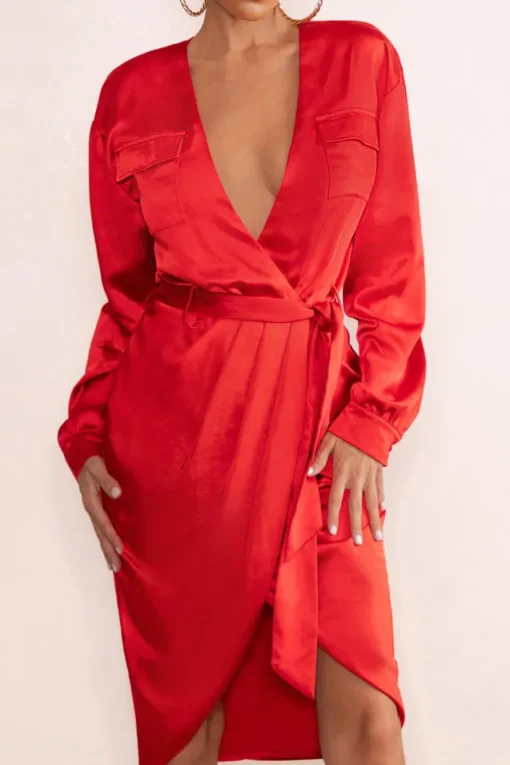 True Romance | Red Satin Plunge Neck Midi Dress With Belt Detail