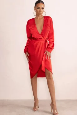 True Romance | Red Satin Plunge Neck Midi Dress With Belt Detail