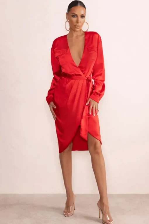 True Romance | Red Satin Plunge Neck Midi Dress With Belt Detail