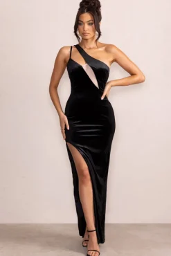 Try Me | Black Velvet Asymmetric Neck Cut Out Maxi Dress With Front Split