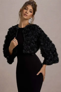 Tulip Twirl | Black Mesh Floral Cropped Jacket