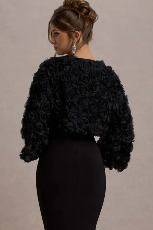 Tulip Twirl | Black Mesh Floral Cropped Jacket