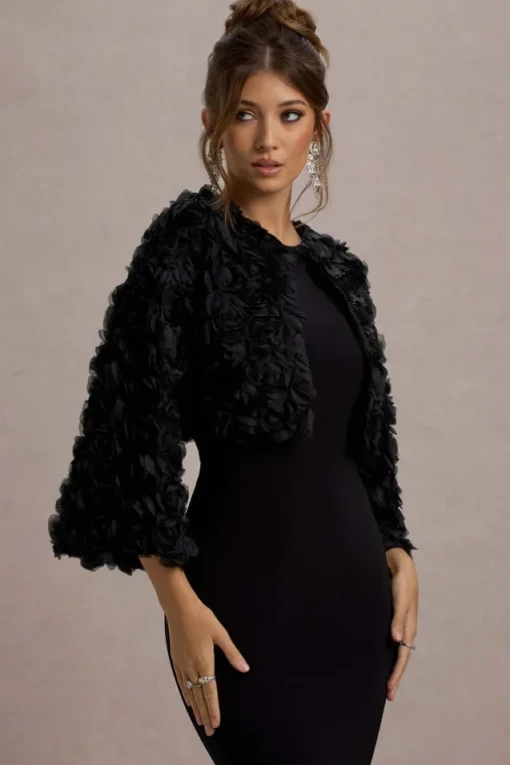 Tulip Twirl | Black Mesh Floral Cropped Jacket