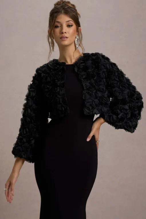 Tulip Twirl | Black Mesh Floral Cropped Jacket