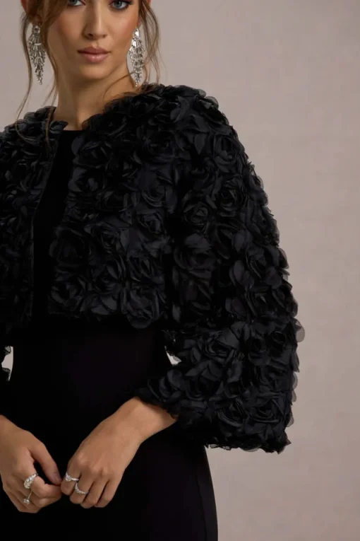 Tulip Twirl | Black Mesh Floral Cropped Jacket