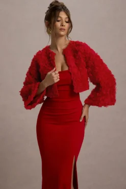 Tulip Twirl | Red Mesh Floral Cropped Jacket