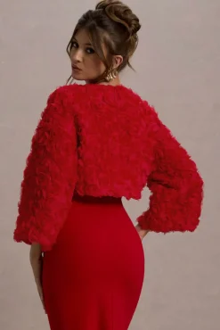 Tulip Twirl | Red Mesh Floral Cropped Jacket
