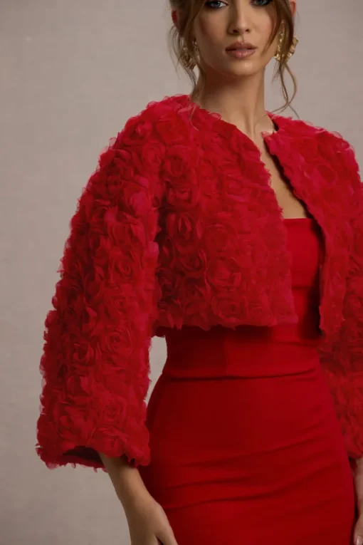 Tulip Twirl | Red Mesh Floral Cropped Jacket