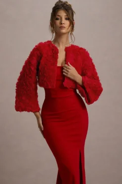 Tulip Twirl | Red Mesh Floral Cropped Jacket